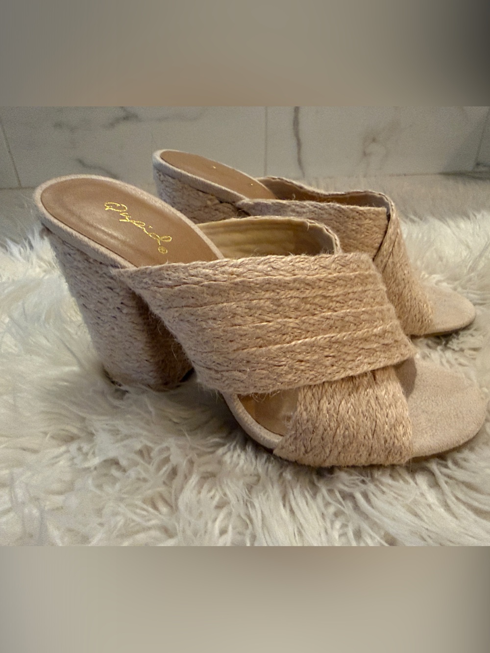 Cupid Textured Beige Woven Block Heel Mules